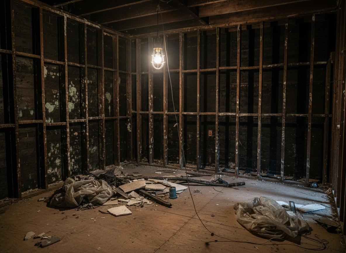 Home interior stripped to bare studs and subfloor after remediation, ready for rebuilding
