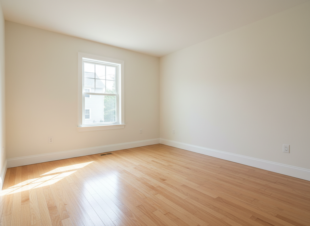The same kind of room fully rebuilt with new drywall, paint and flooring, bright and move-in ready