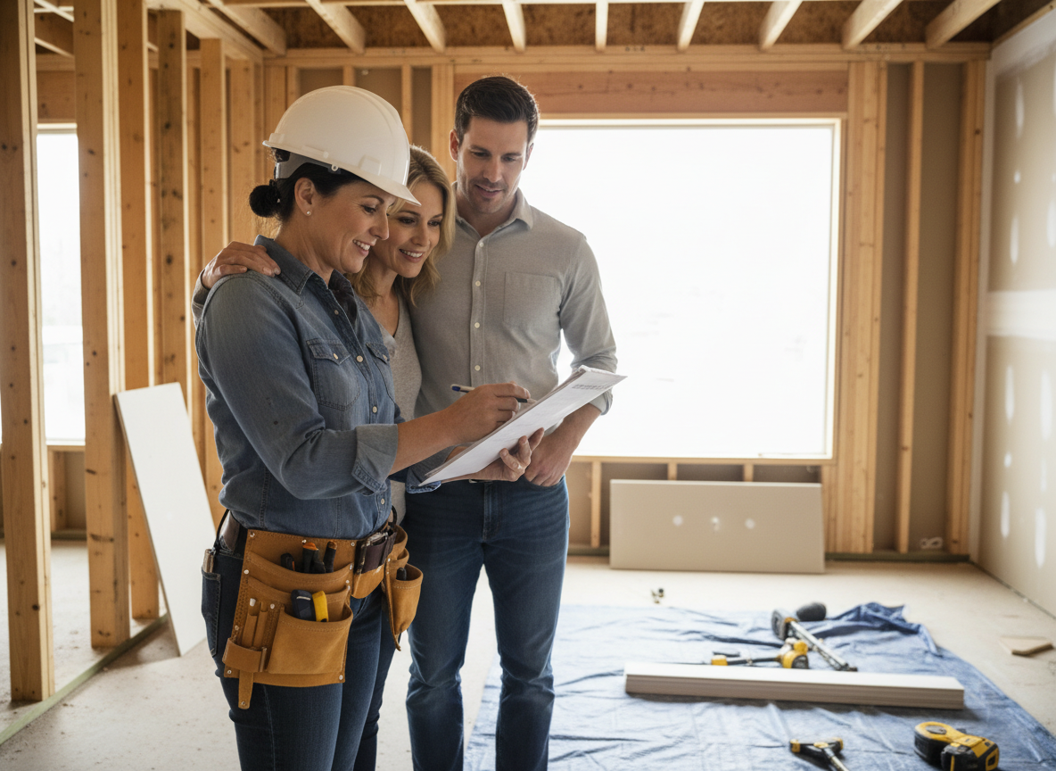 Contractor reviewing renovation plans with a homeowner on-site, demonstrating clear and open communication