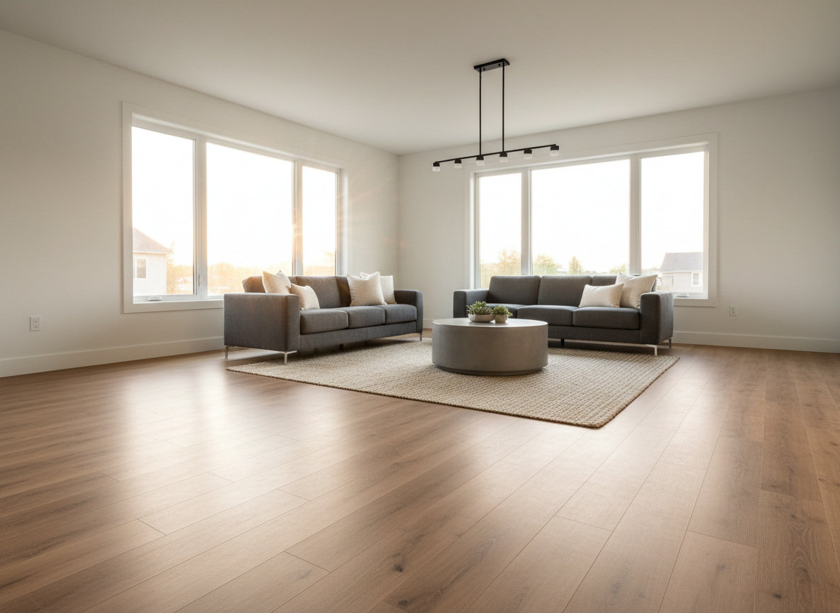 Professional residential interior renovation photo showing newly installed luxury vinyl plank flooring (LVP), clean modern room, warm natural light, realistic contractor portfolio photography, no people, no text or logos.