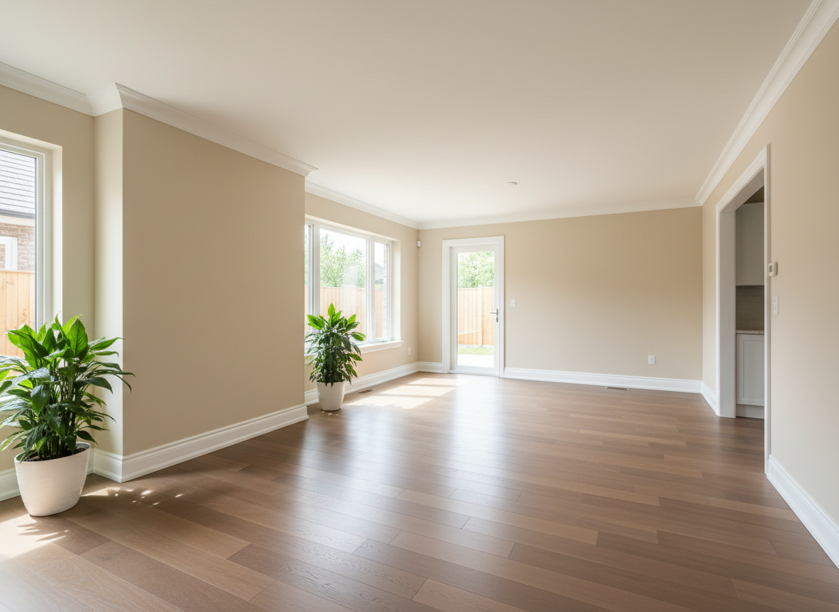 Realistic professional residential interior with walls freshly painted in a clean warm neutral color, crisp white trim, finished flooring, bright natural light, polished contractor portfolio photography, no people, no text or logos.