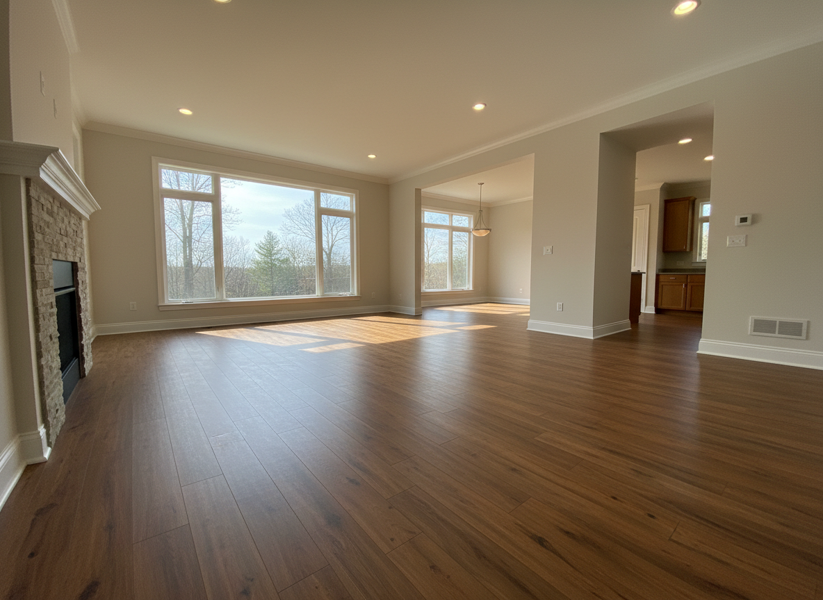 Luxury vinyl plank flooring installed in a bright, modern home interior