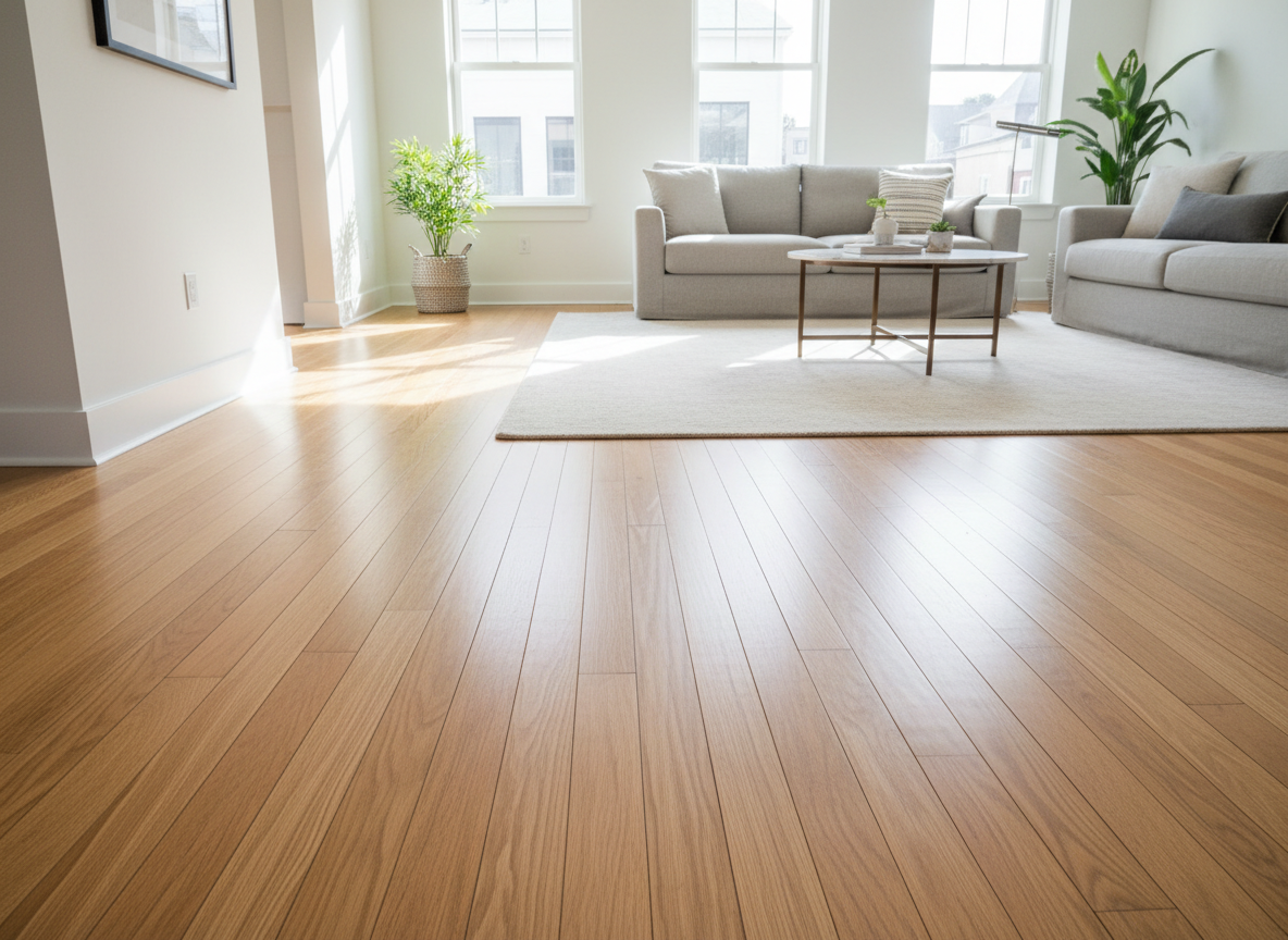 A realistic, professional interior design photograph showcasing newly installed thin-strip real hardwood flooring. Show narrow traditional hardwood planks with natural warm wood grain, clean precise installation, and a tasteful bright home interior. Focus clearly on the thin strips of hardwood flooring; no people, no text, no logos.