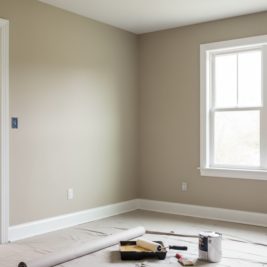A realistic professional interior photograph of a bright, freshly painted room with smooth clean walls in a tasteful neutral color, crisp edges, natural light, and no people, text, or logos. This image should clearly represent interior wall painting services.