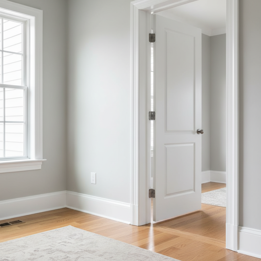 A realistic professional interior photograph focusing on freshly painted white trim, baseboards, door frames, and interior doors in a clean bright room. Show crisp straight paint lines and careful workmanship, with no people, text, or logos. The image should clearly represent interior trim painting services.