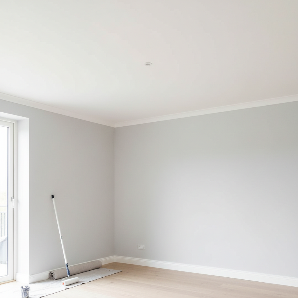 A realistic professional interior photograph showing a freshly painted smooth white ceiling in a bright, clean room, with crisp edges where the ceiling meets the walls and soft natural light. No people, text, or logos. Clearly represent professional interior ceiling painting services.