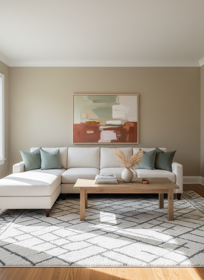 A realistic professional interior photograph of a fully furnished, inviting room with freshly painted smooth walls in a tasteful neutral color. Include a sofa, coffee table, rug, artwork, and warm natural light. Show crisp clean paintwork, no people, no text, no logos. This image should represent a completed interior painting project.