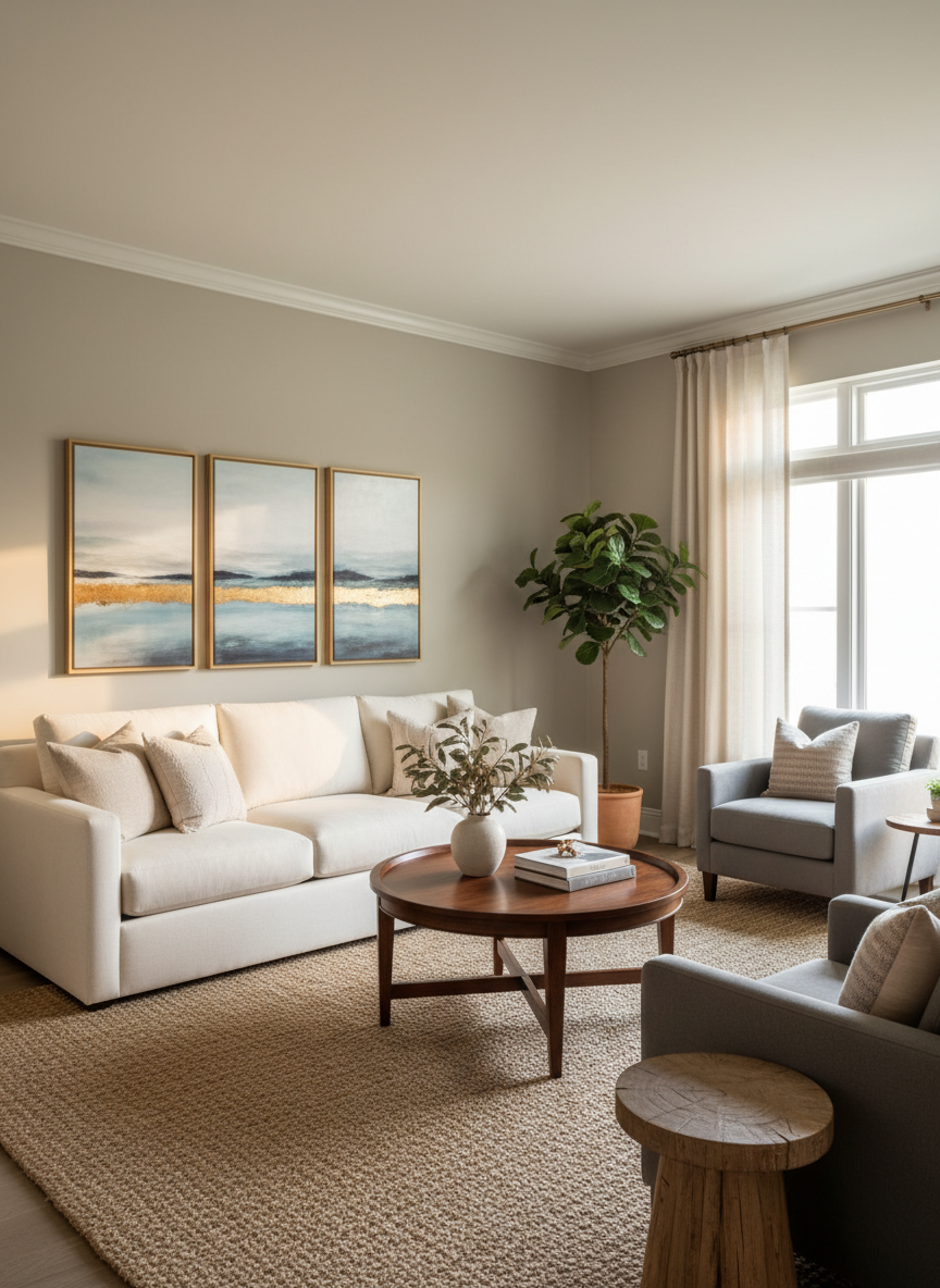 A realistic professional interior photograph of a fully furnished, welcoming room with freshly painted smooth walls in a tasteful neutral color. Include comfortable furniture, a sofa, coffee table, rug, artwork, and warm natural light. Show crisp clean paintwork and a polished finished space. No people, text, or logos.