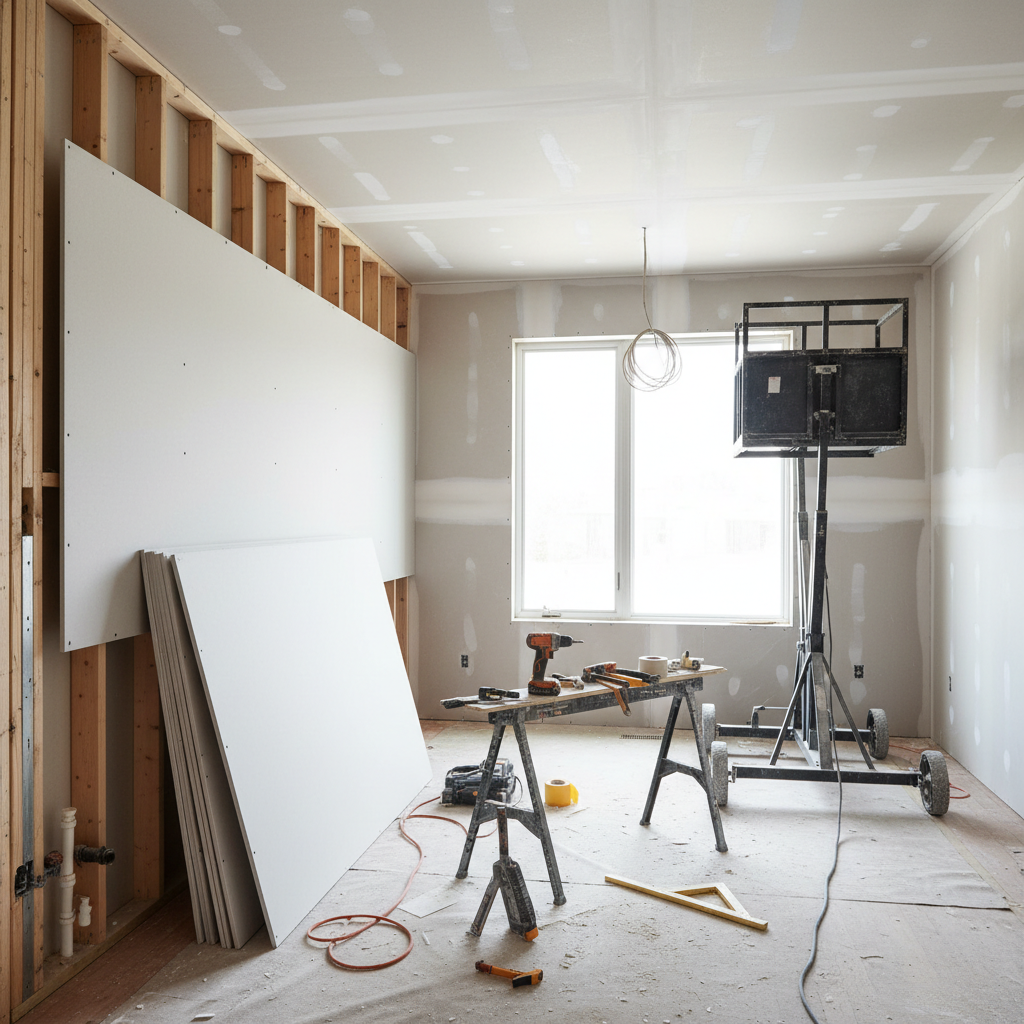 A realistic professional interior construction photograph showing drywall installation in a residential room. Include clean drywall panels being installed on wall framing, visible tools and careful workmanship, bright natural light, no people visible, no text or logos. Correlate clearly with professional drywall services.