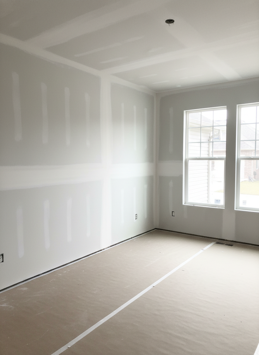 A realistic professional interior photograph showing a residential room with newly installed, smoothly finished drywall ready for primer and paint. Show clean even walls, subtle joint finishing, bright natural light, and a polished construction-ready space. No people, text, or logos. Correlate clearly with drywall finishing and rebuilding services.