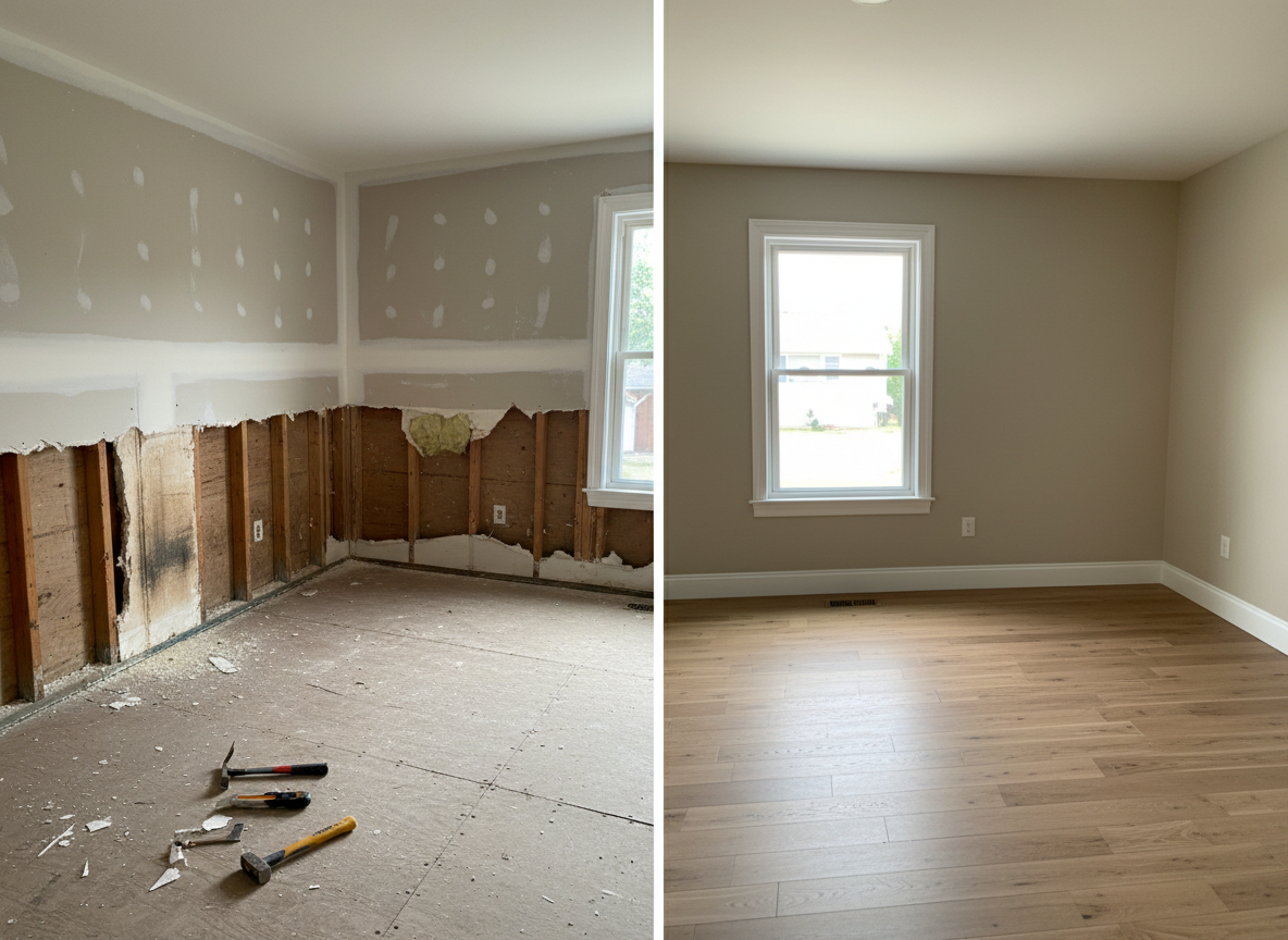A realistic professional before-and-after split image for a residential rebuilding contractor. Left side: a room with visible water damage, drywall cut lines around the lower walls, exposed drywall edges, and floors torn out down to the subfloor, clearly showing a clean, safe demolition state. Right side: the same room fully repaired with smooth finished drywall, fresh paint, and new flooring. Photorealistic, well-lit, no people, no text, no logos.