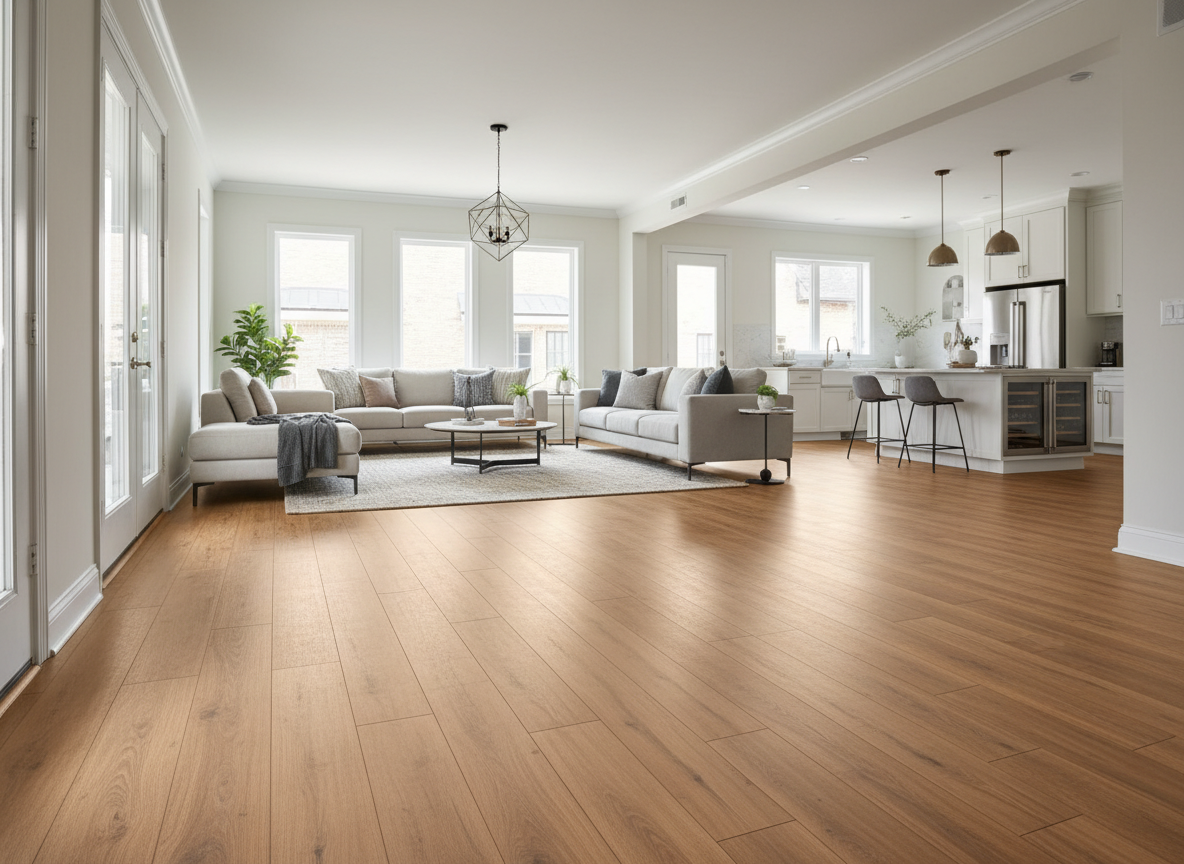 Luxury vinyl plank flooring with realistic warm wood grain installed in a bright modern home interior